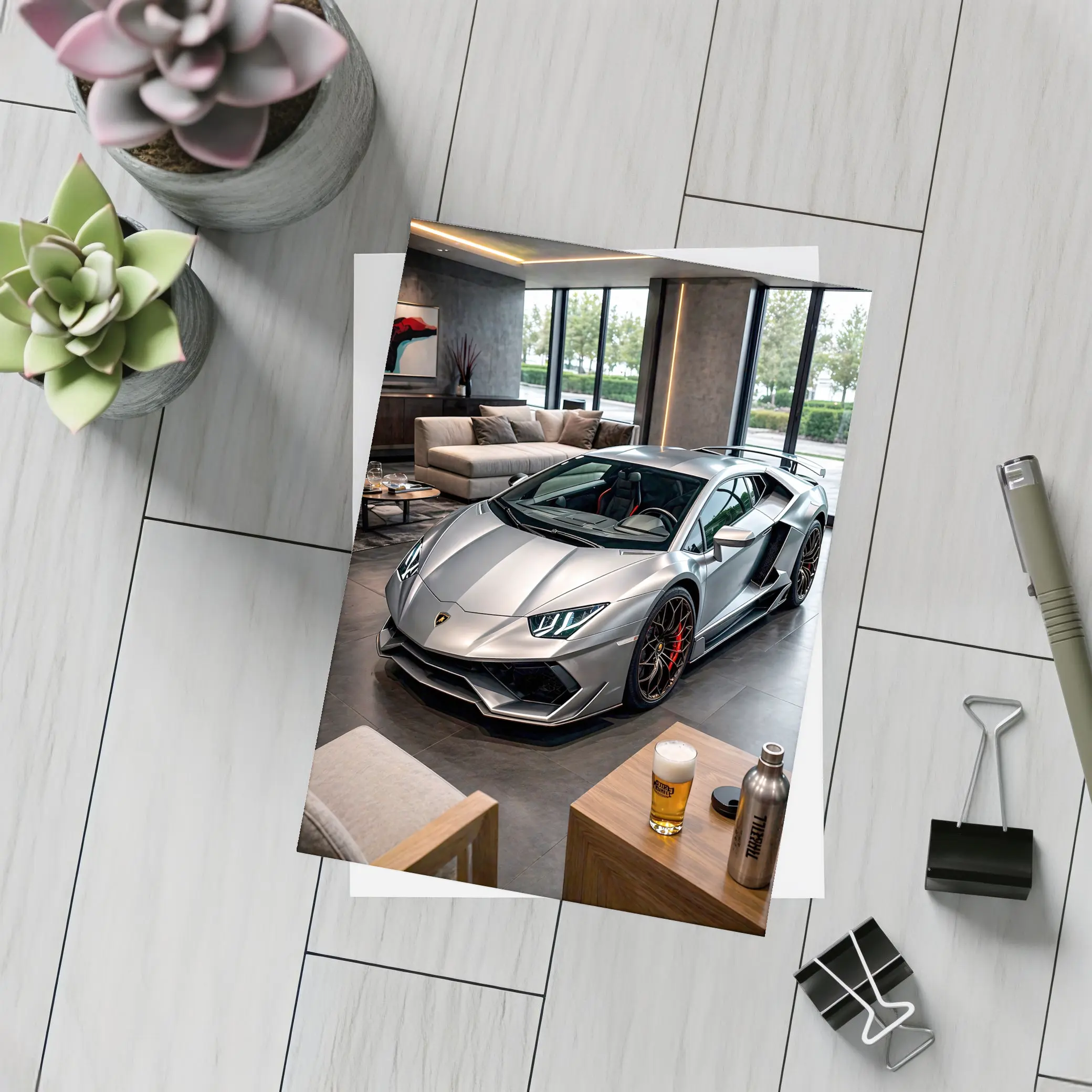 Silver Lamborghini Huracan Inside Luxury Showroom – Postcards