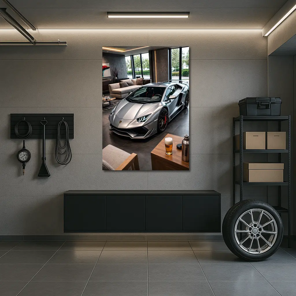 Silver Lamborghini Huracan Inside Luxury Showroom – Wall Art