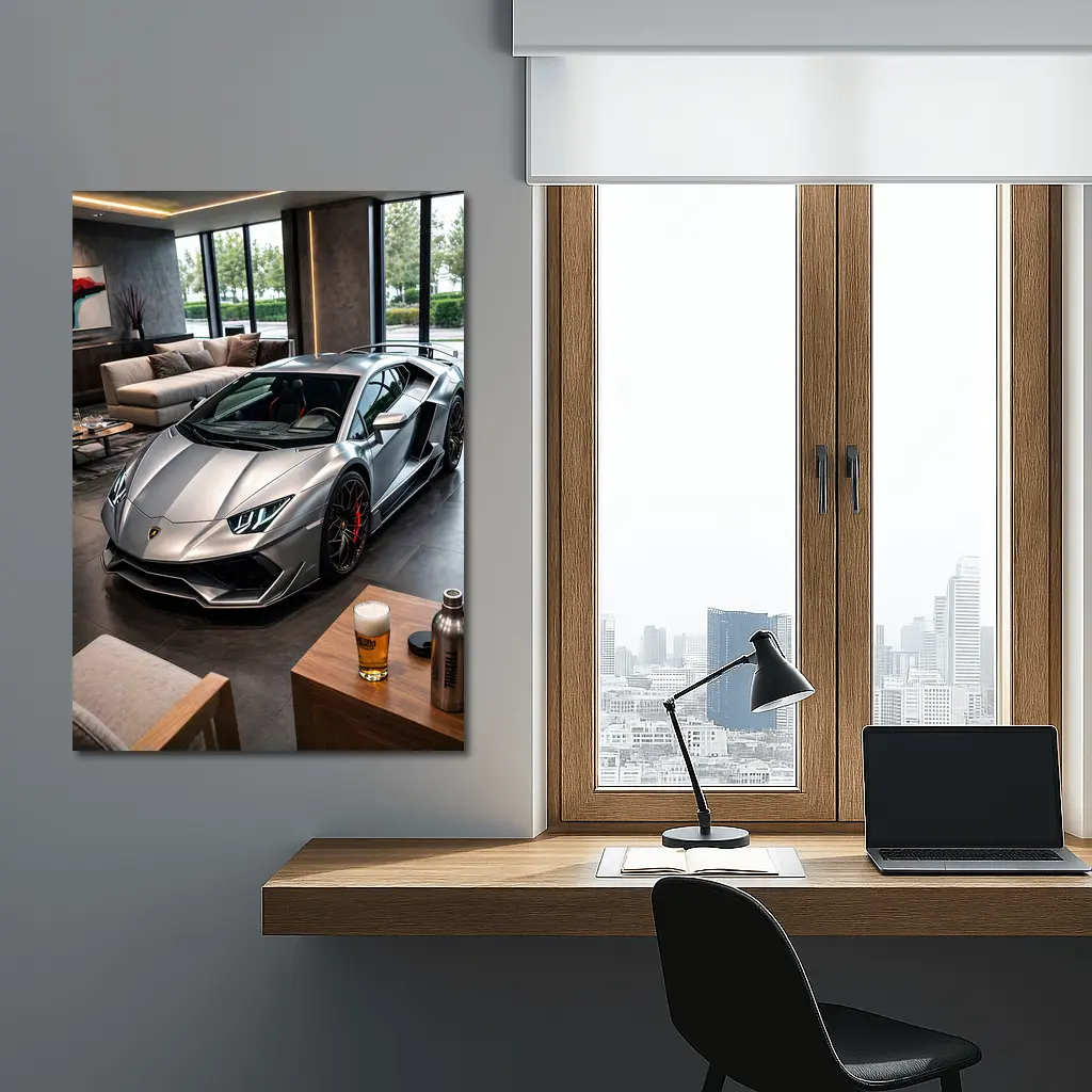 Silver Lamborghini Huracan Inside Luxury Showroom – Wall Art