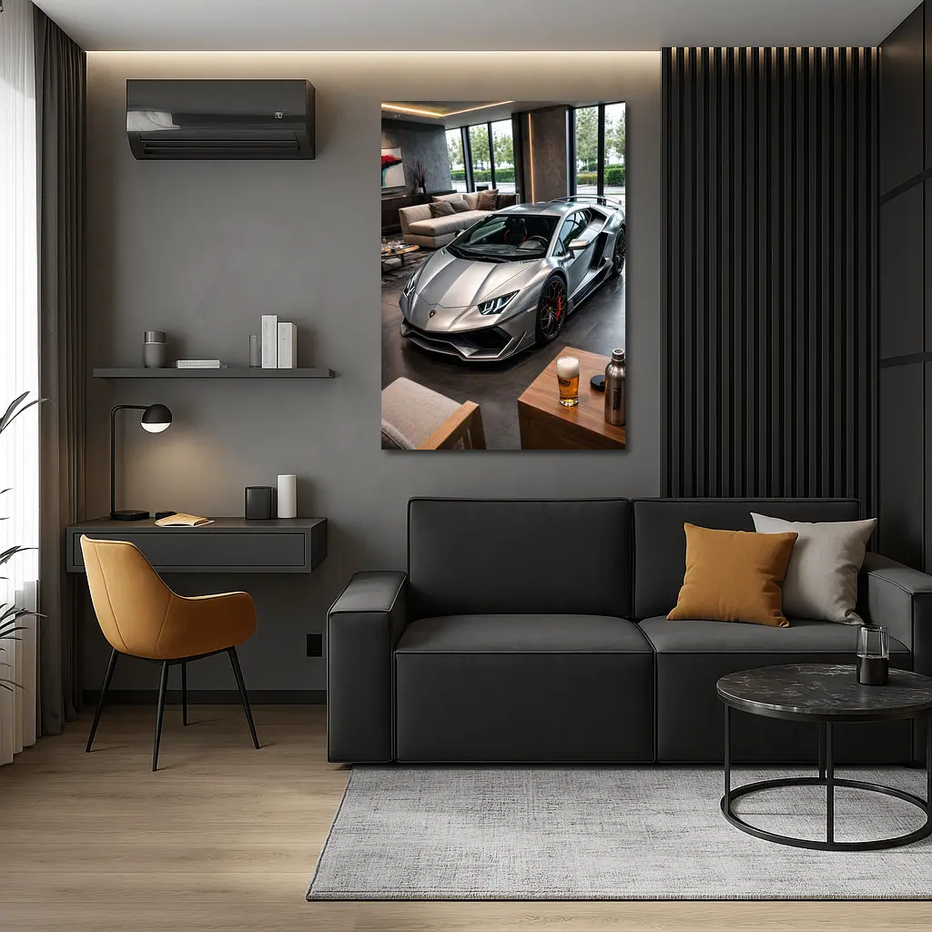 Silver Lamborghini Huracan Inside Luxury Showroom – Wall Art