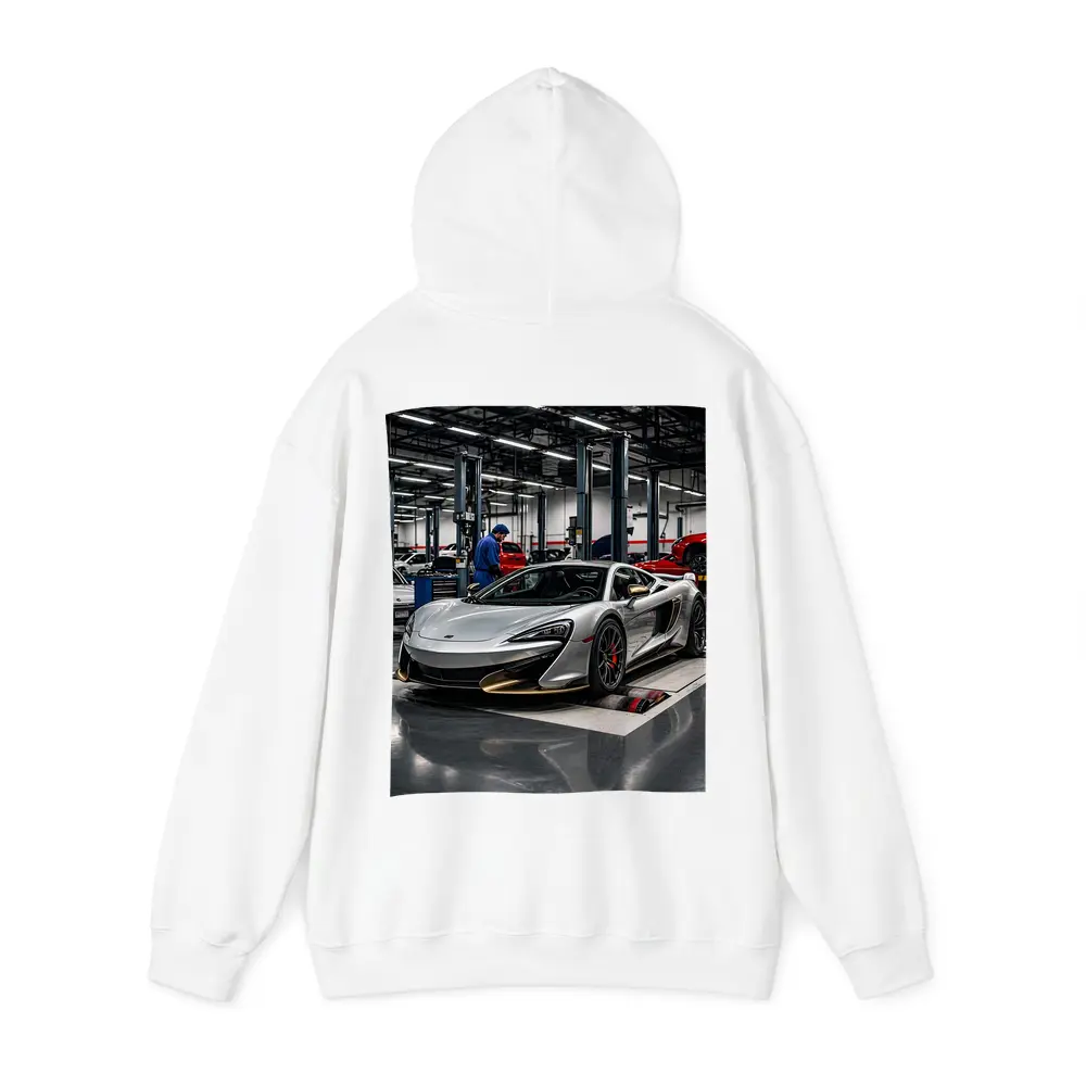 McLaren 600LT Silver Supercar in Workshop – Hoodies