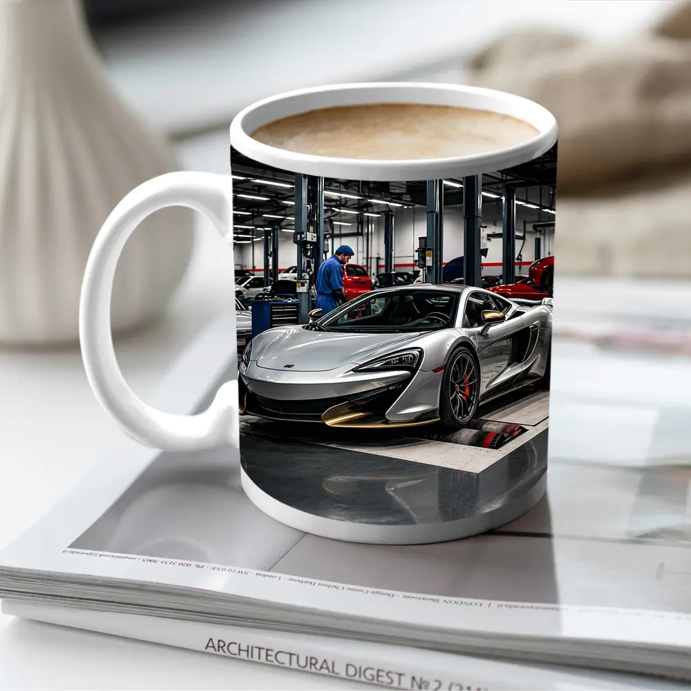 McLaren 600LT Silver Supercar in Workshop – Mugs