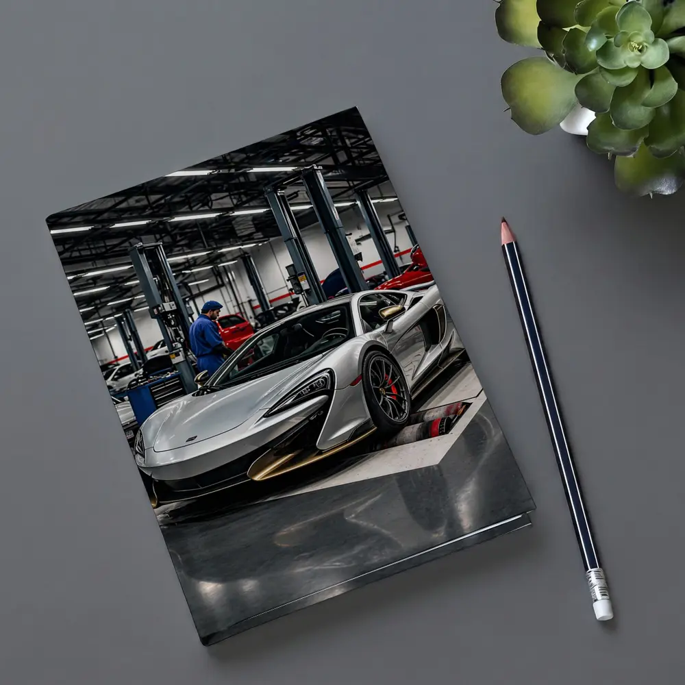 McLaren 600LT Silver Supercar in Workshop – Notebooks