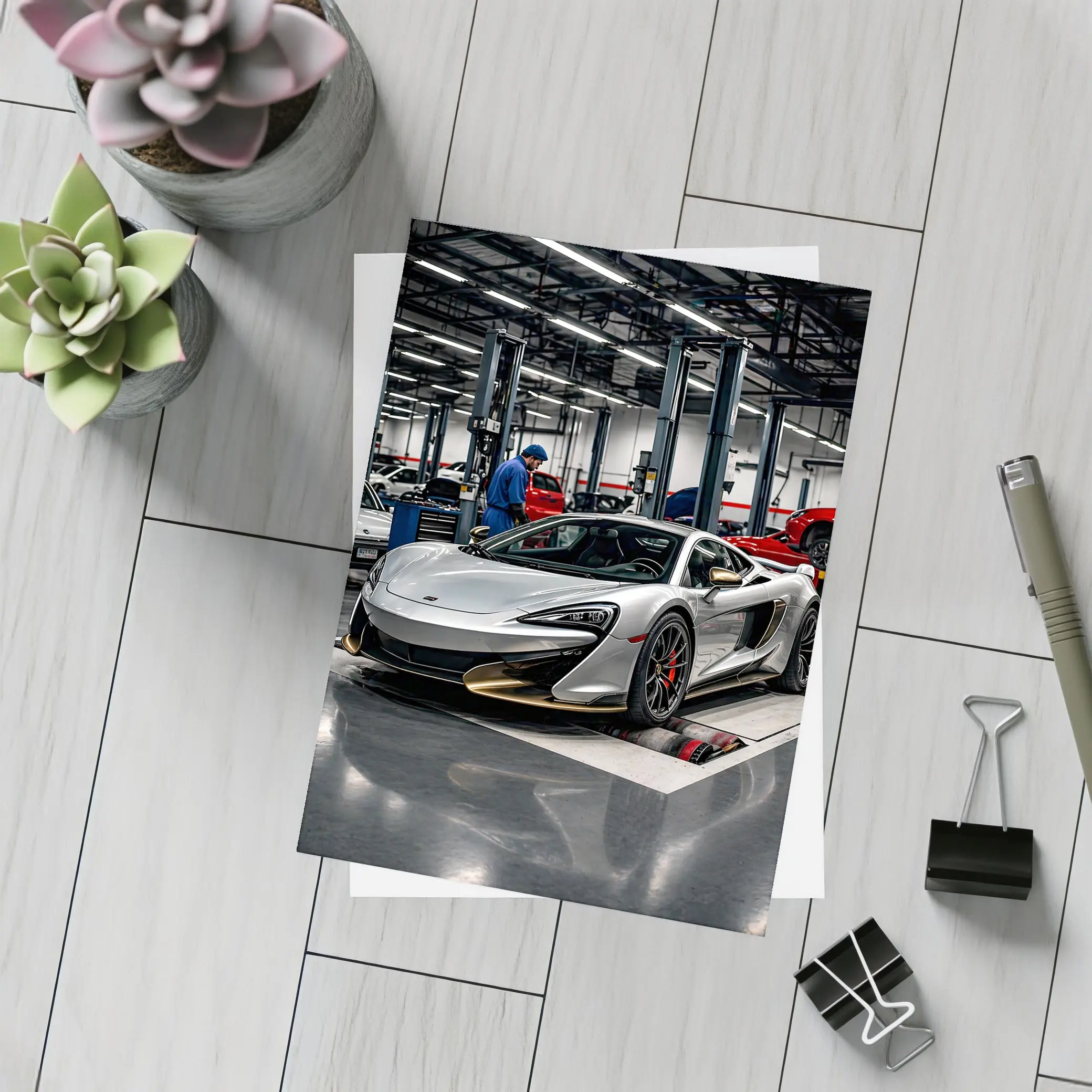 McLaren 600LT Silver Supercar in Workshop – Postcards