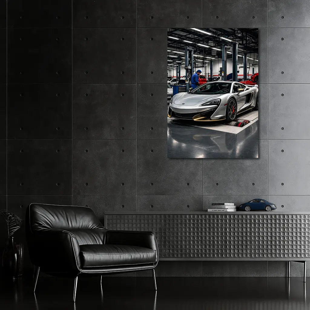 McLaren 600LT Silver Supercar in Workshop – Wall Art