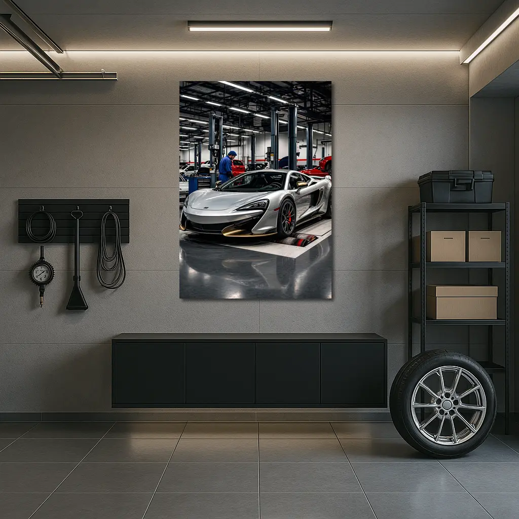 McLaren 600LT Silver Supercar in Workshop – Wall Art