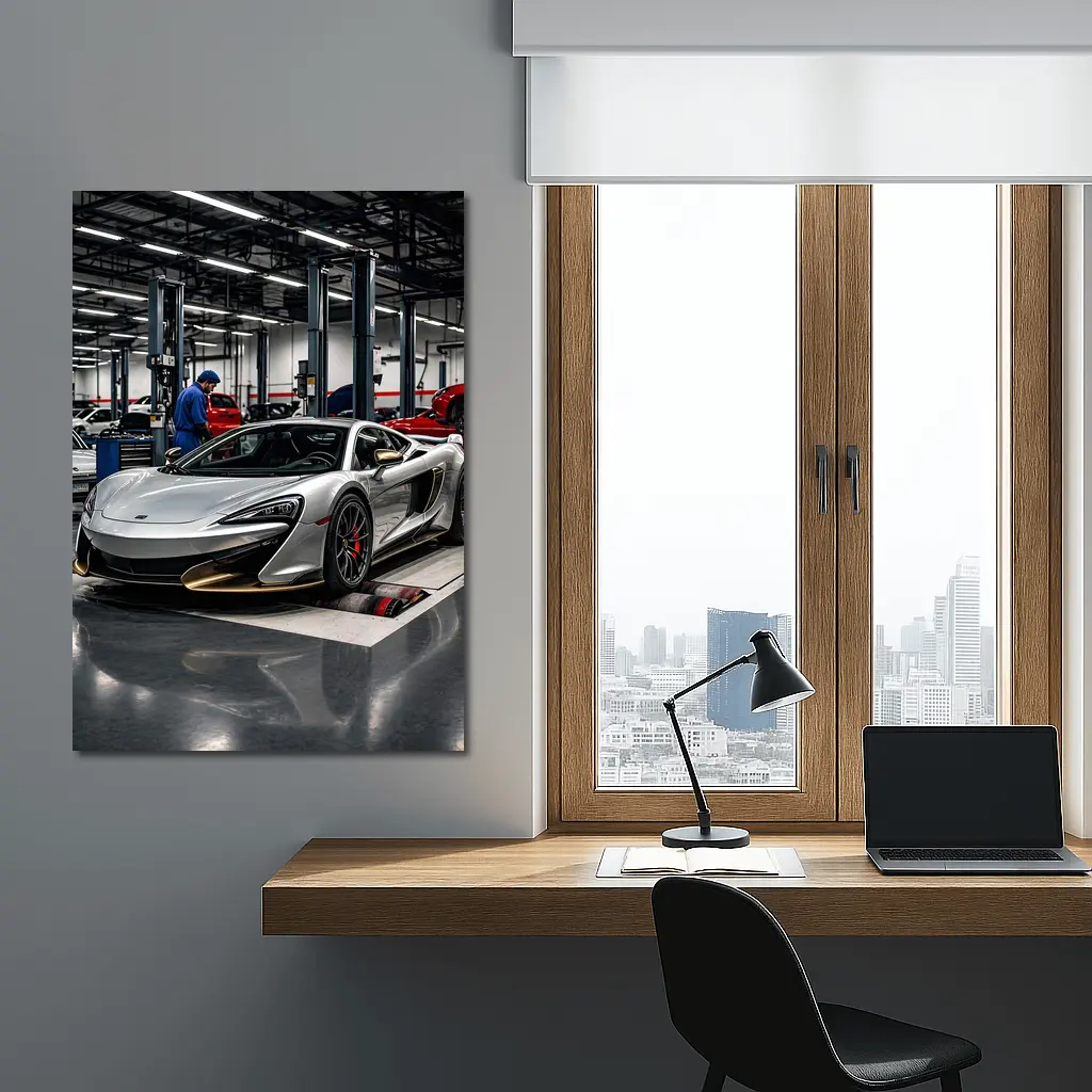 McLaren 600LT Silver Supercar in Workshop – Wall Art