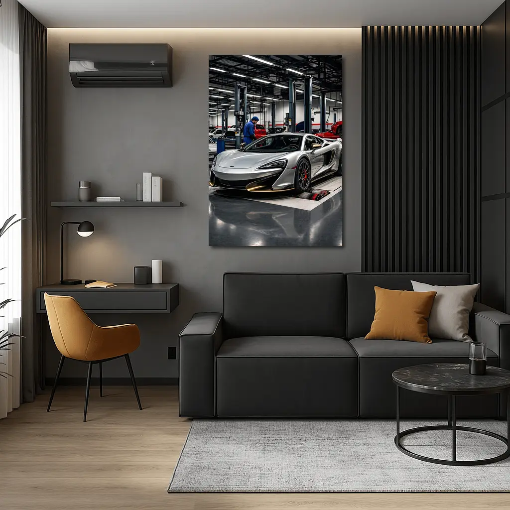 McLaren 600LT Silver Supercar in Workshop – Wall Art