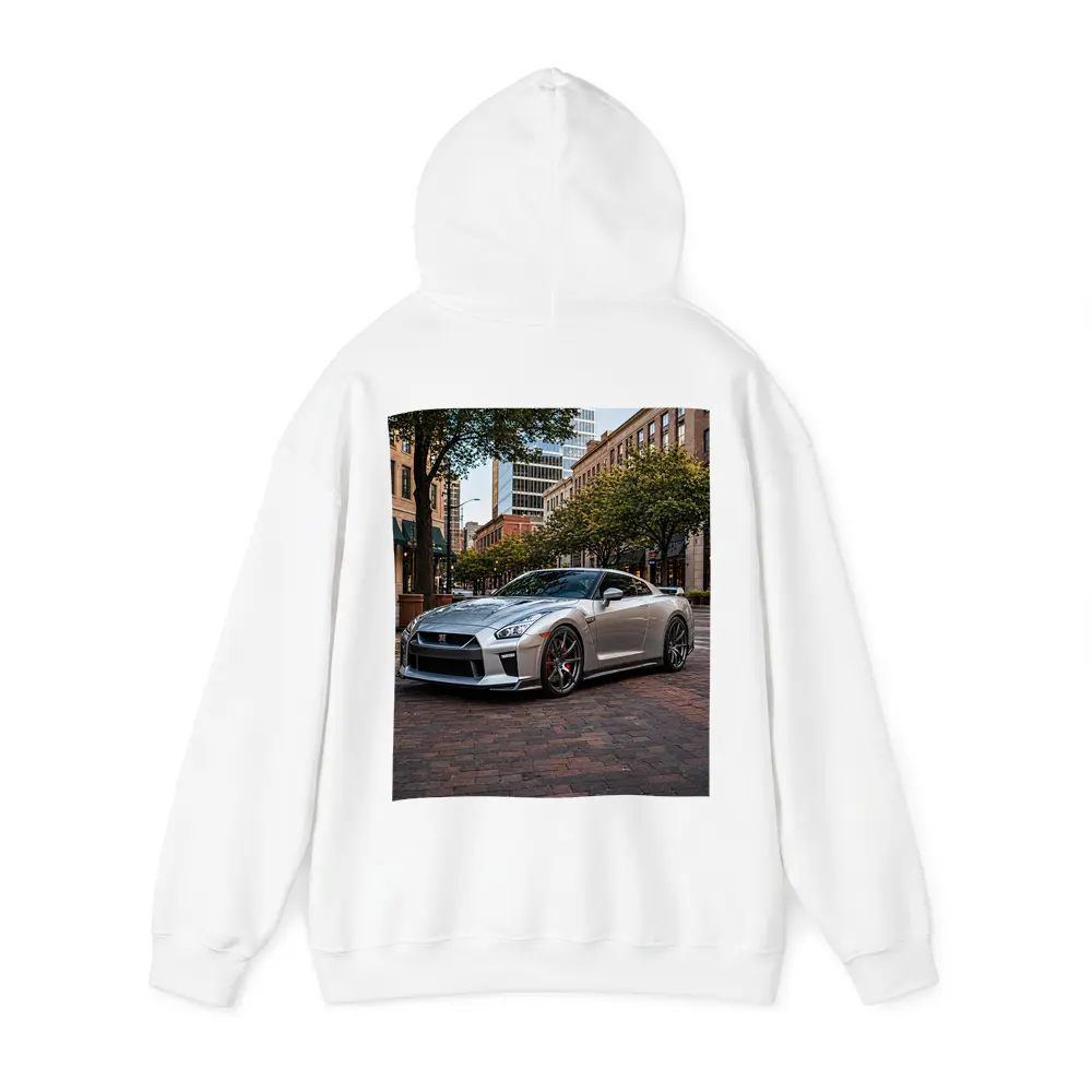 Silver Nissan GT-R Parked Urban City Street – Hoodies