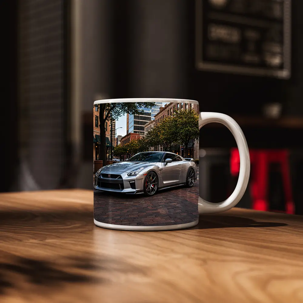 Silver Nissan GT-R Parked Urban City Street – Mugs
