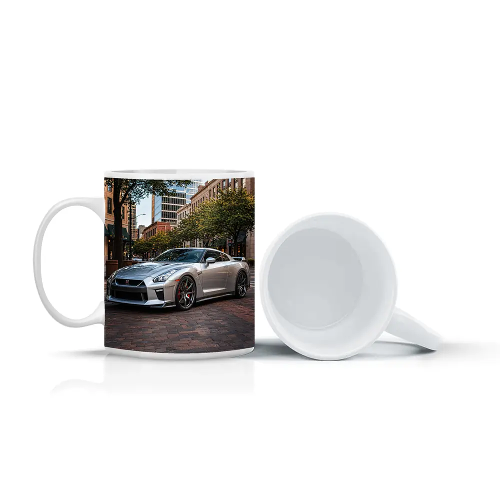 Silver Nissan GT-R Parked Urban City Street – Mugs