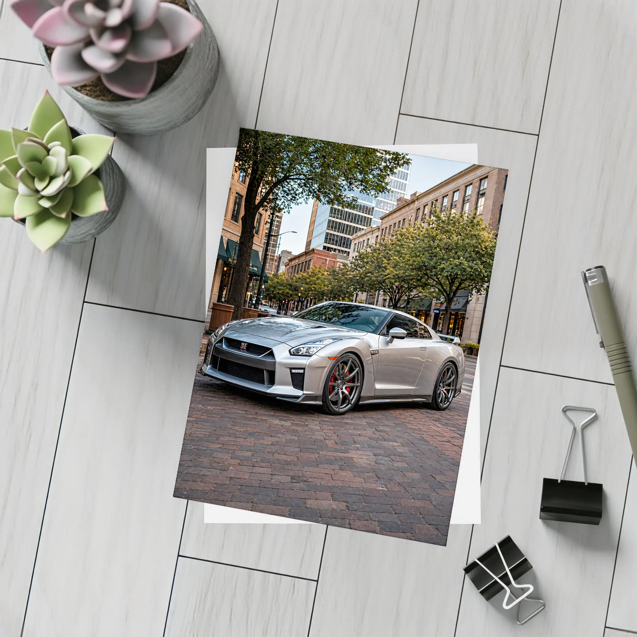 Silver Nissan GT-R Parked Urban City Street – Postcards