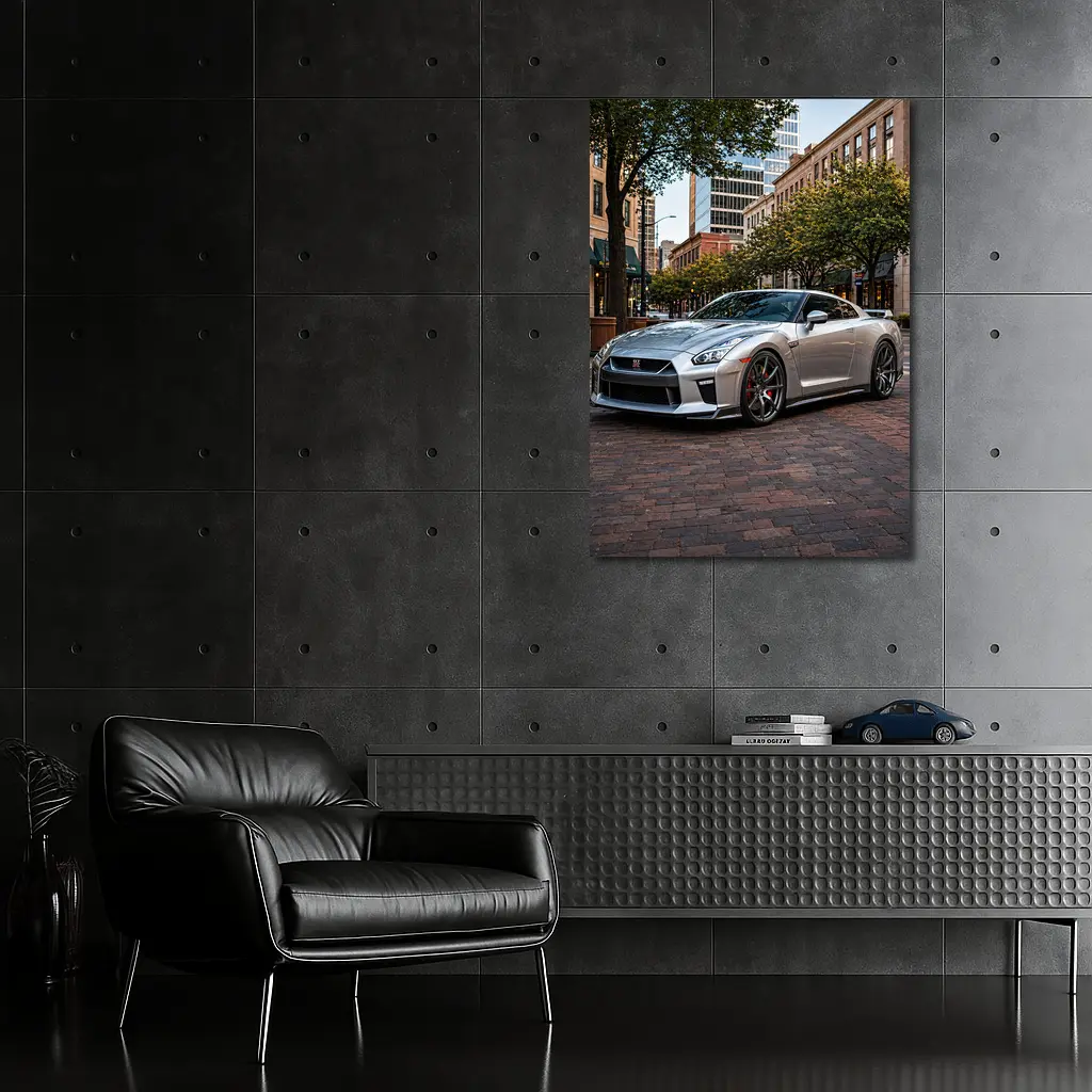 Silver Nissan GT-R Parked Urban City Street – Wall Art