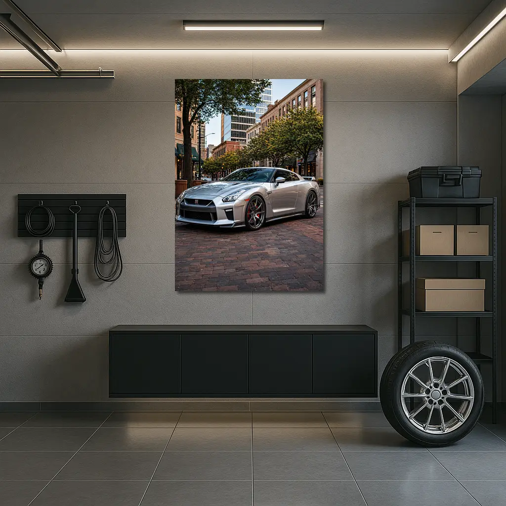 Silver Nissan GT-R Parked Urban City Street – Wall Art
