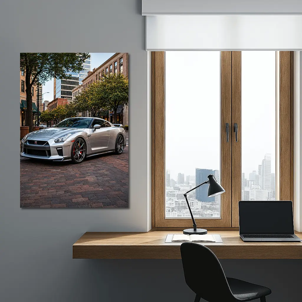 Silver Nissan GT-R Parked Urban City Street – Wall Art