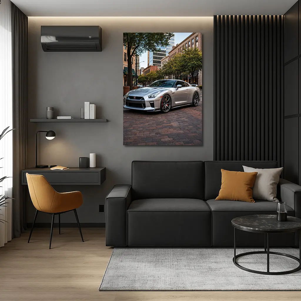 Silver Nissan GT-R Parked Urban City Street – Wall Art