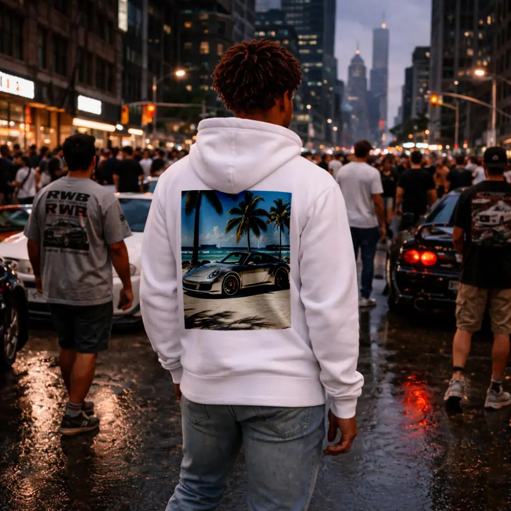 Silver Porsche 911 Turbo Beach Palm Trees – Hoodies
