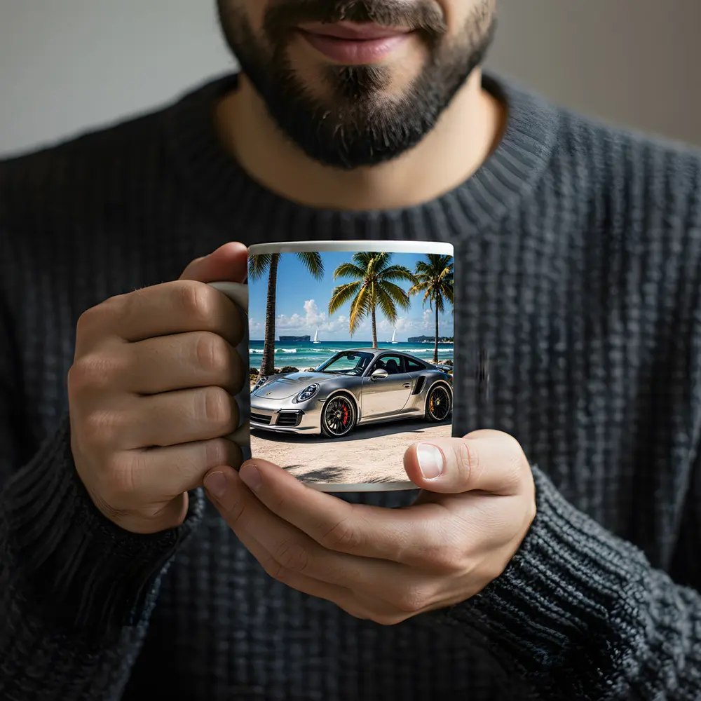 Silver Porsche 911 Turbo Beach Palm Trees – Mugs