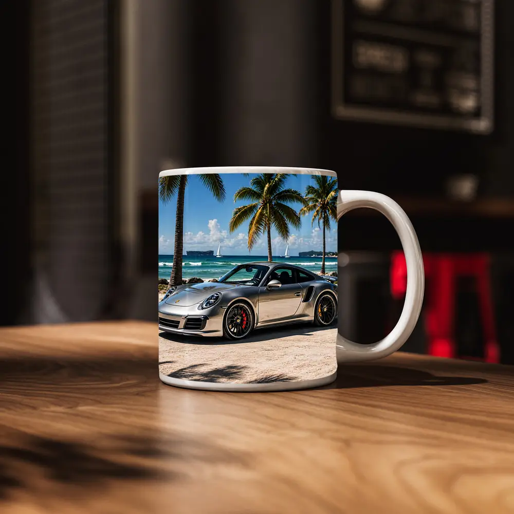 Silver Porsche 911 Turbo Beach Palm Trees – Mugs