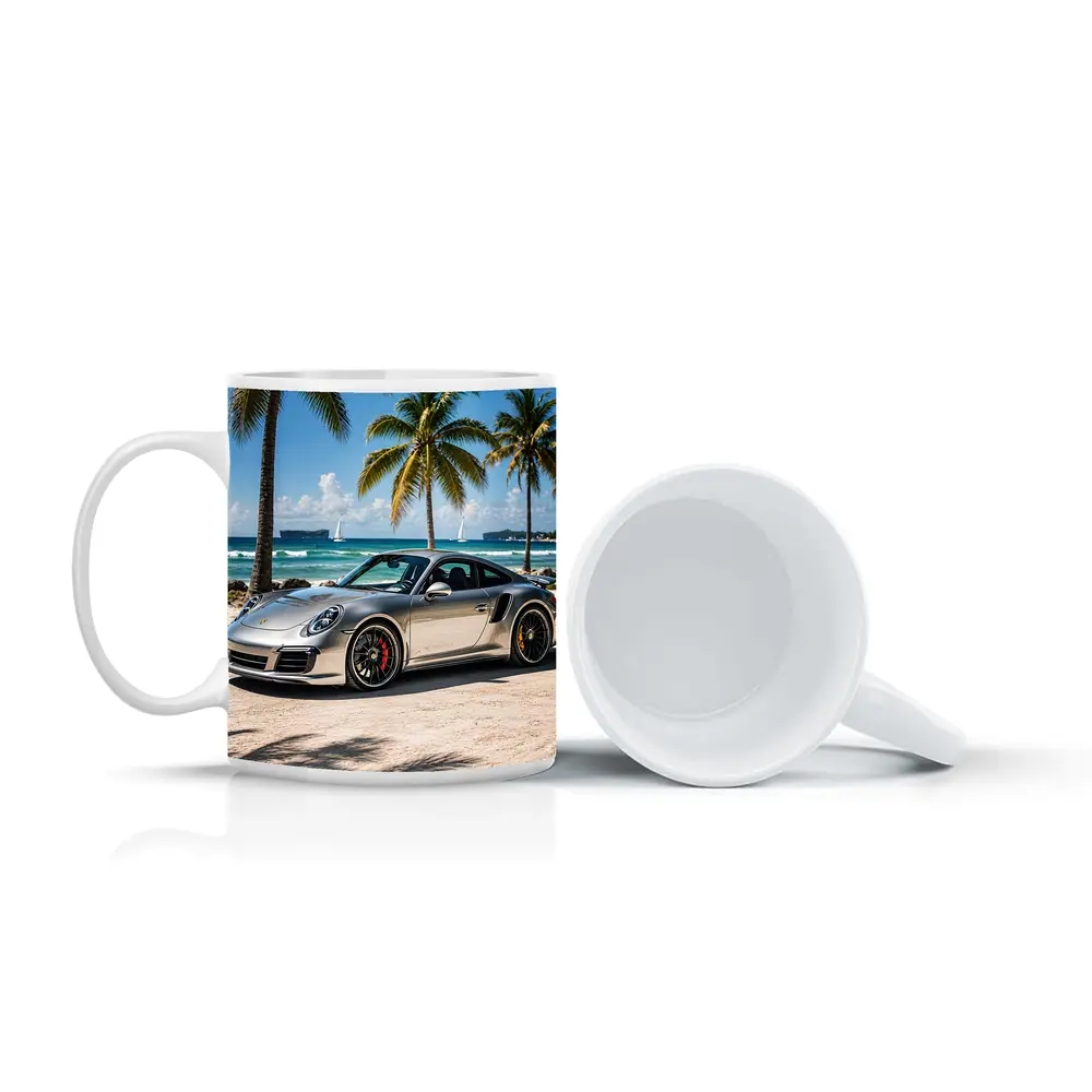 Silver Porsche 911 Turbo Beach Palm Trees – Mugs