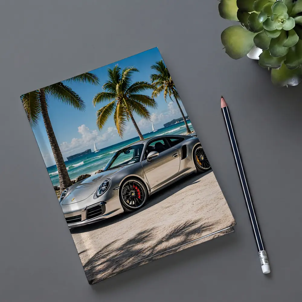 Silver Porsche 911 Turbo Beach Palm Trees – Notebooks