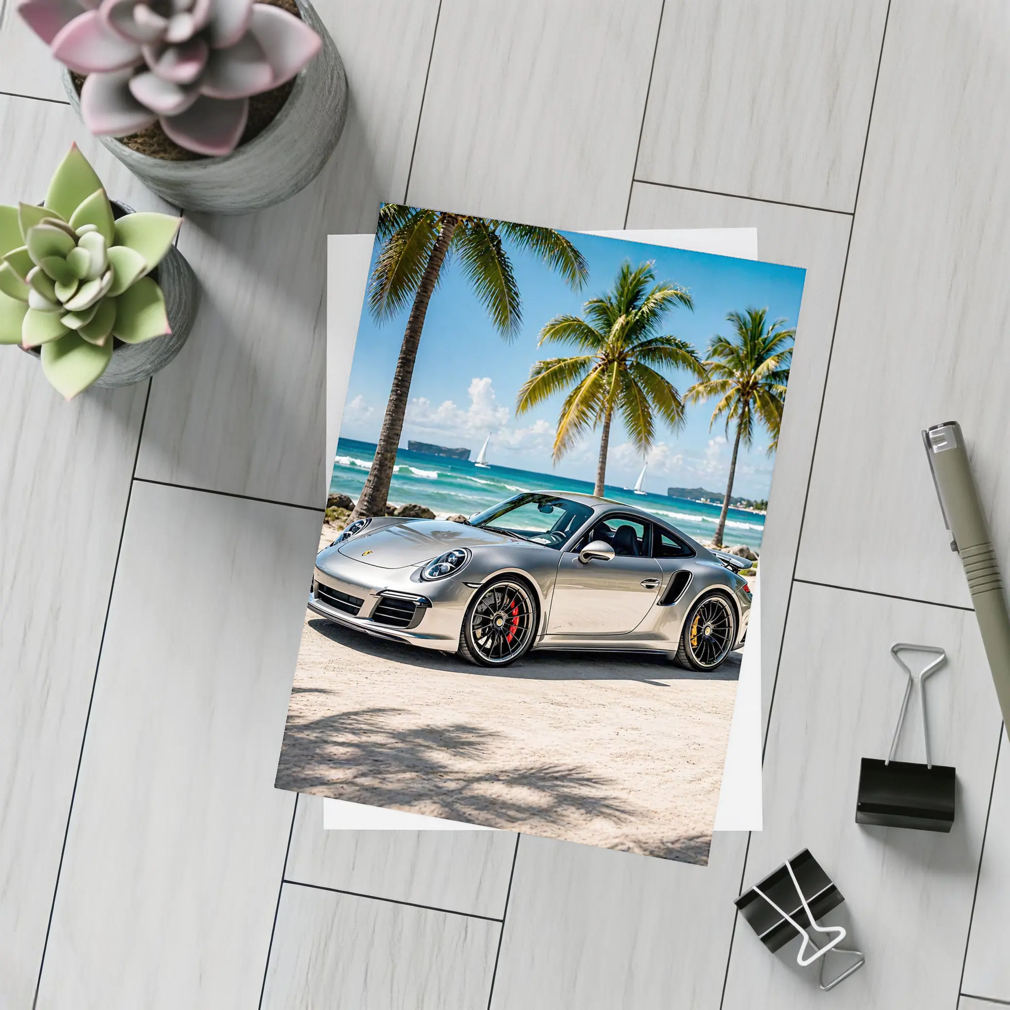 Silver Porsche 911 Turbo Beach Palm Trees – Postcards