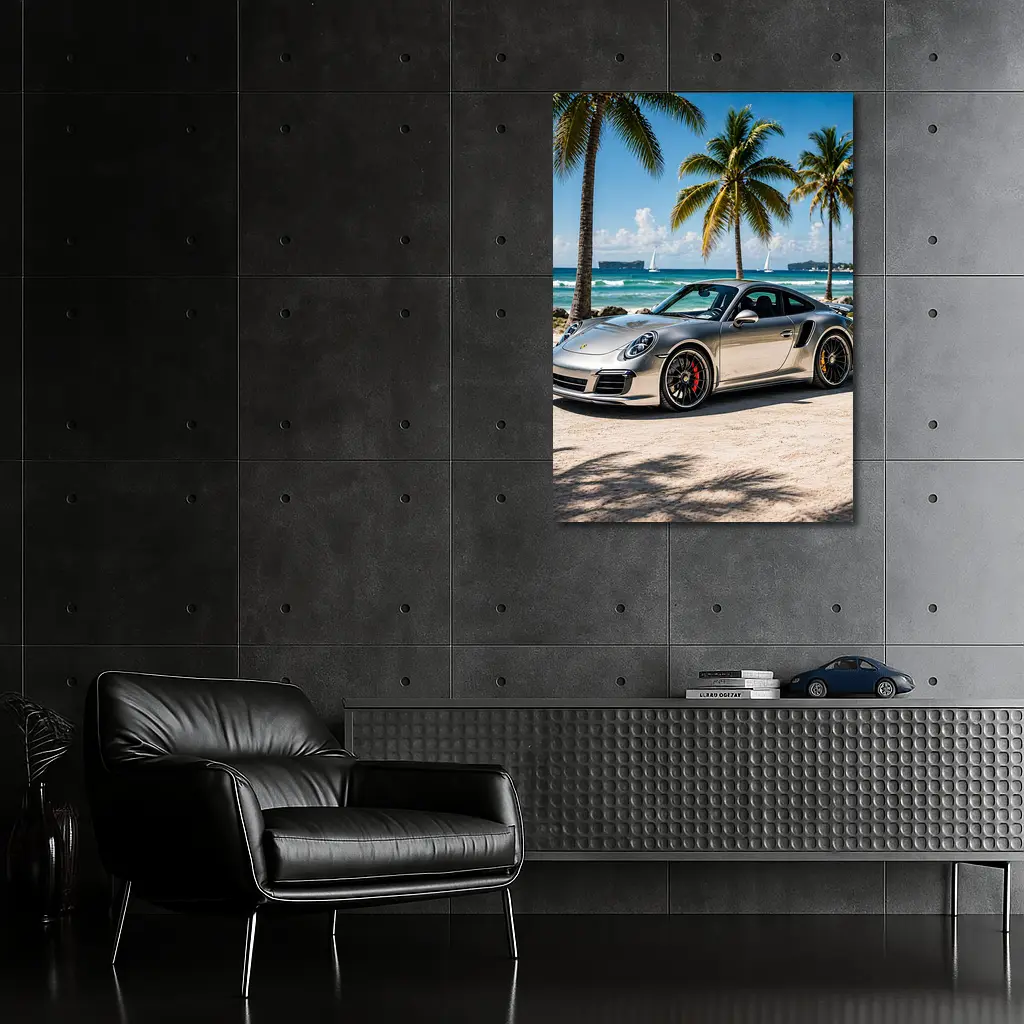 Silver Porsche 911 Turbo Beach Palm Trees – Wall Art