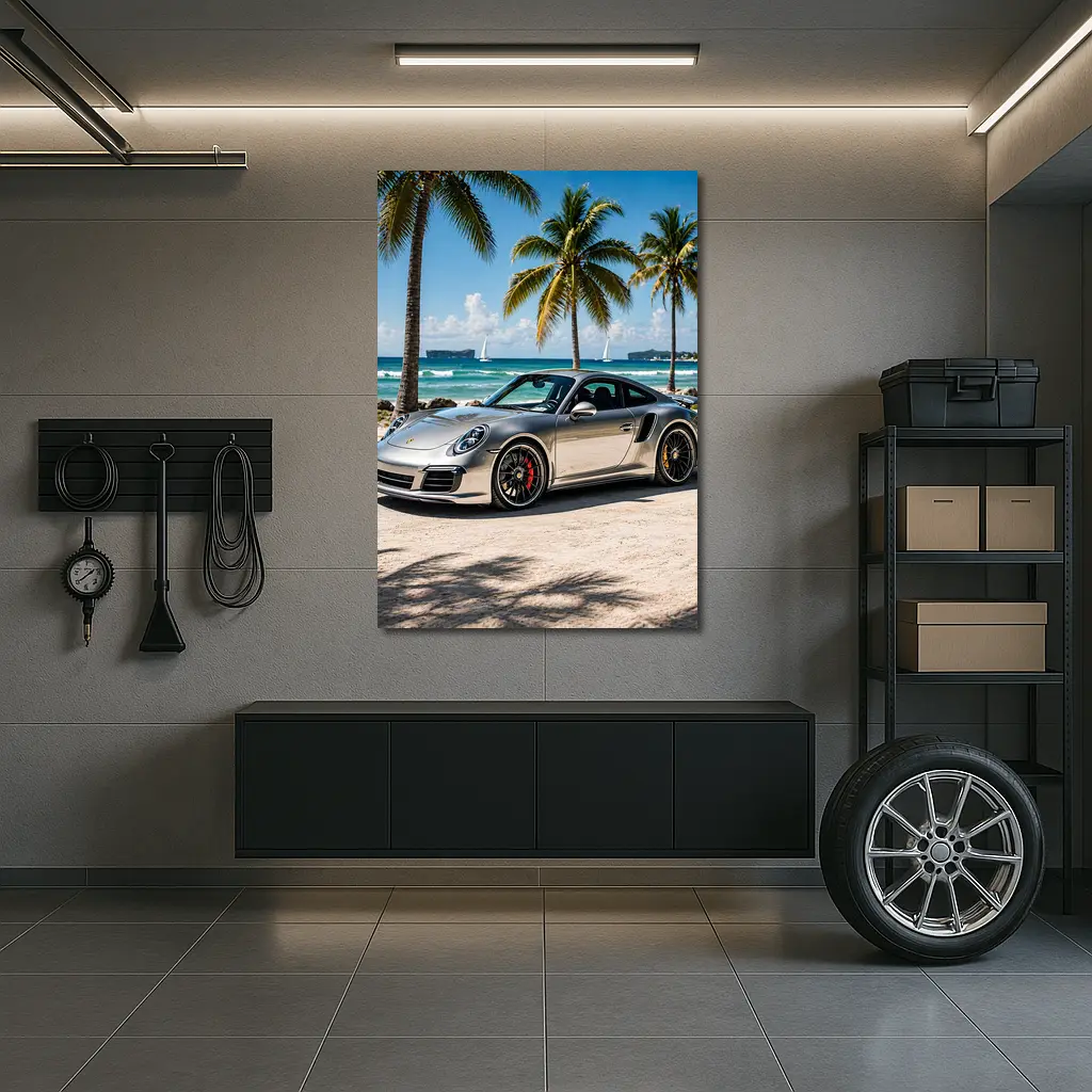 Silver Porsche 911 Turbo Beach Palm Trees – Wall Art