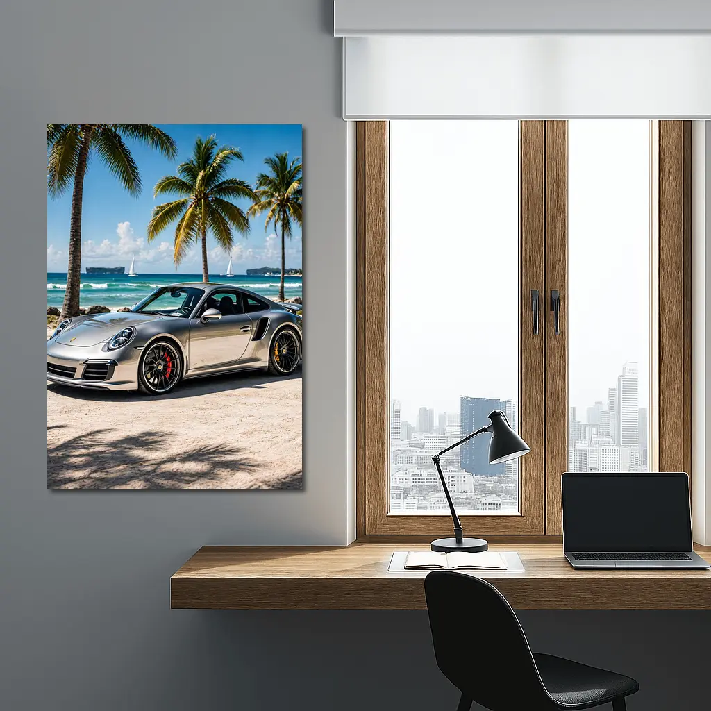 Silver Porsche 911 Turbo Beach Palm Trees – Wall Art