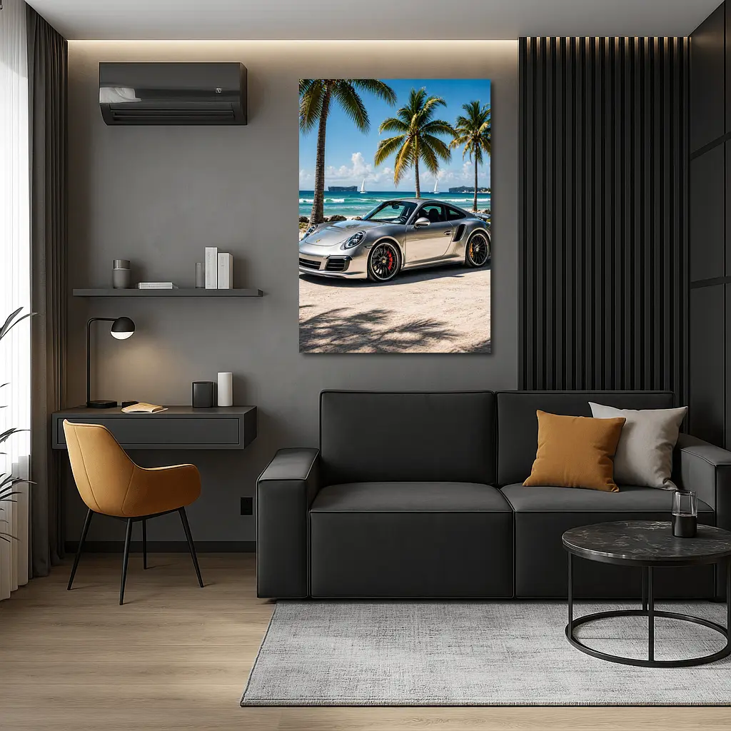 Silver Porsche 911 Turbo Beach Palm Trees – Wall Art