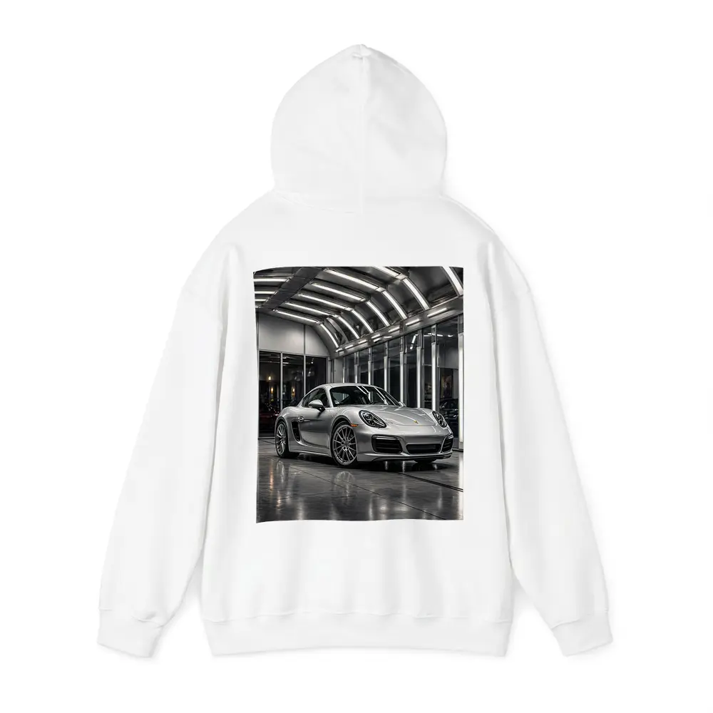 Silver Porsche Cayman Inside Modern Garage – Hoodies