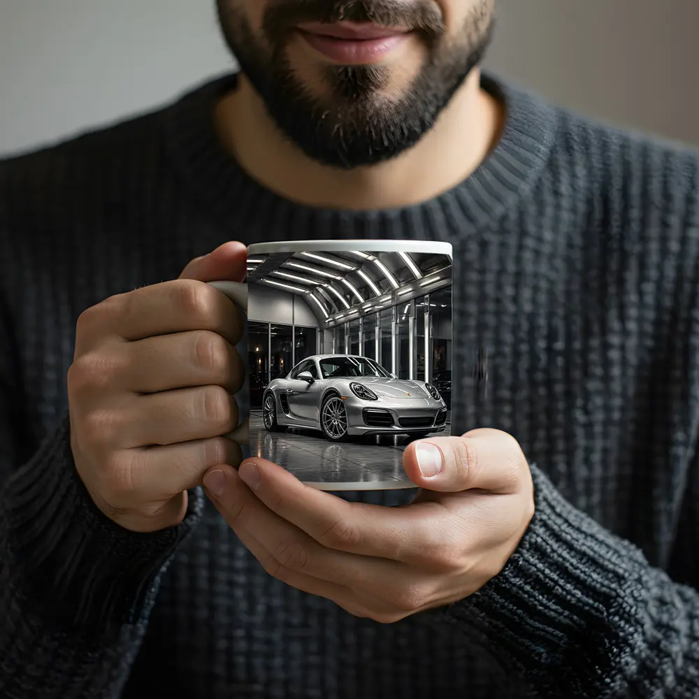 Silver Porsche Cayman Inside Modern Garage – Mugs