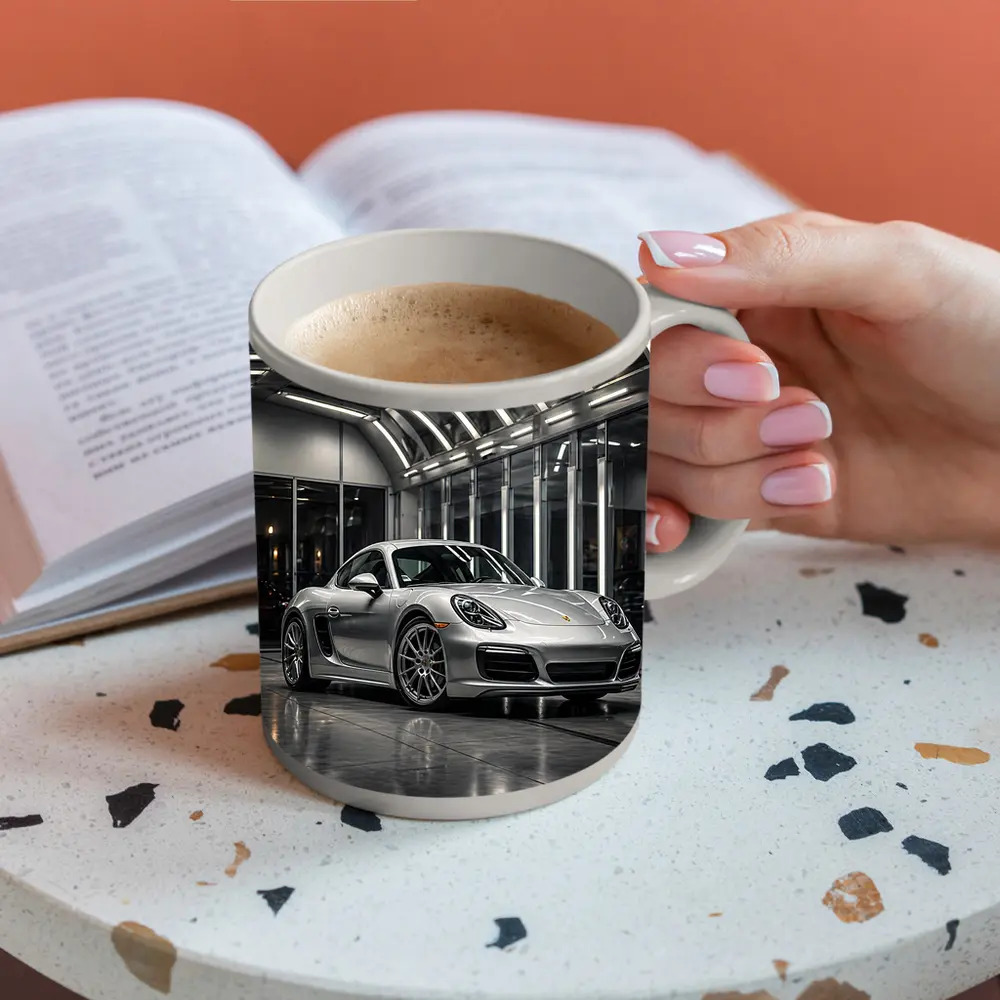 Silver Porsche Cayman Inside Modern Garage – Mugs