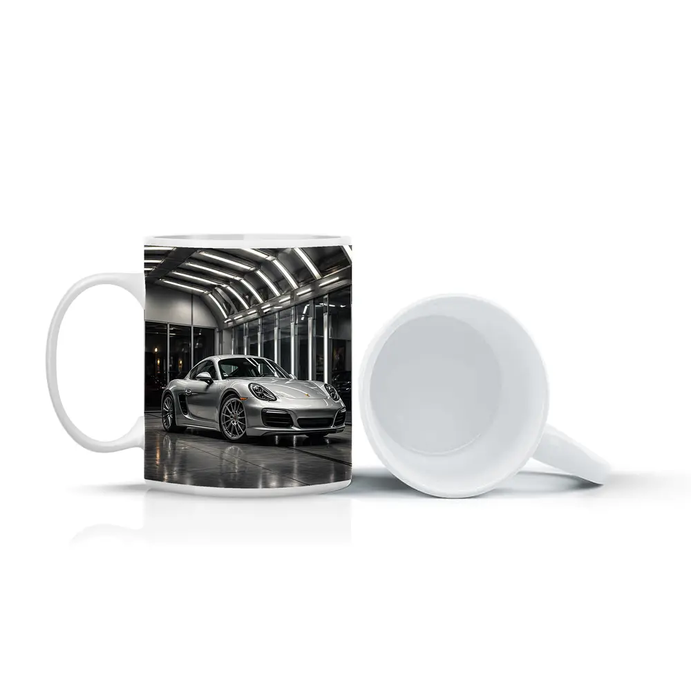 Silver Porsche Cayman Inside Modern Garage – Mugs