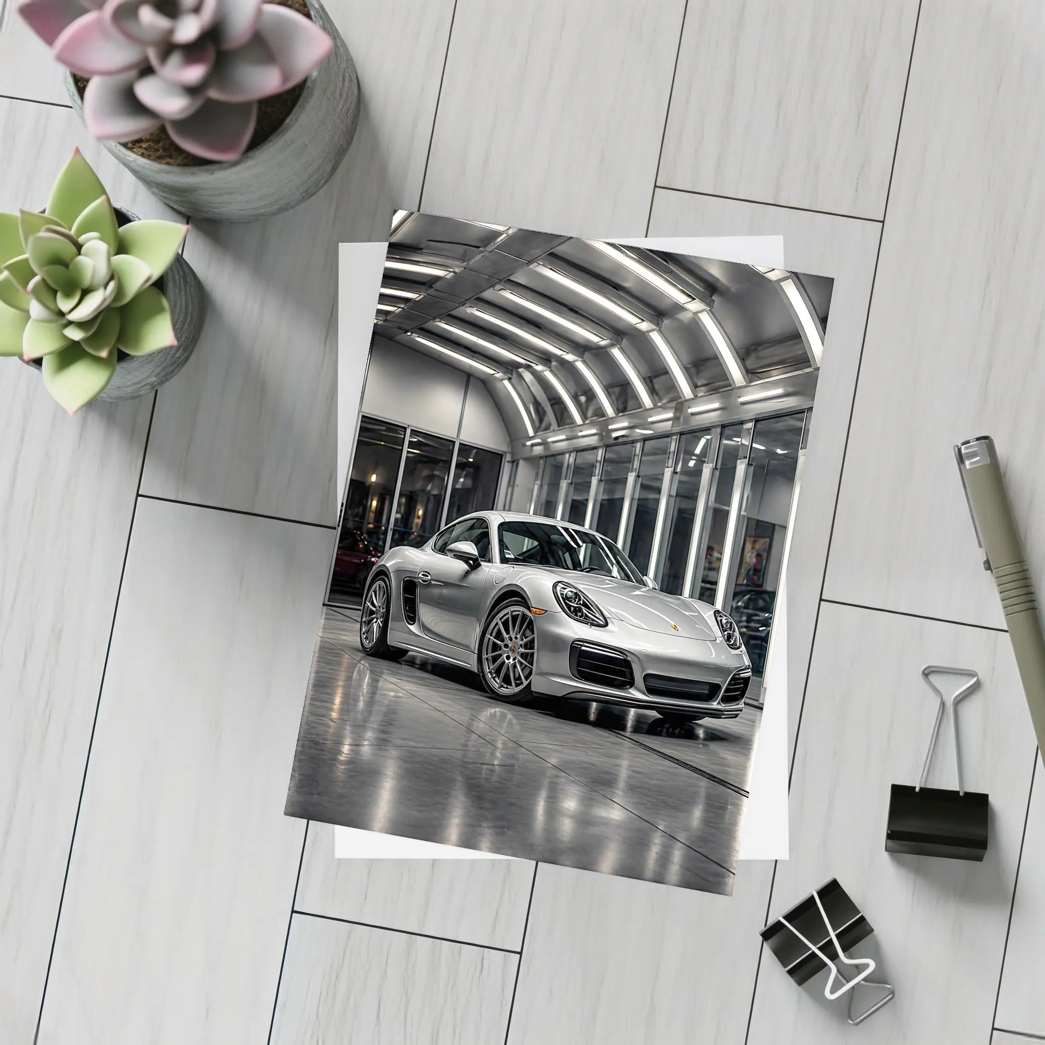 Silver Porsche Cayman Inside Modern Garage – Postcards