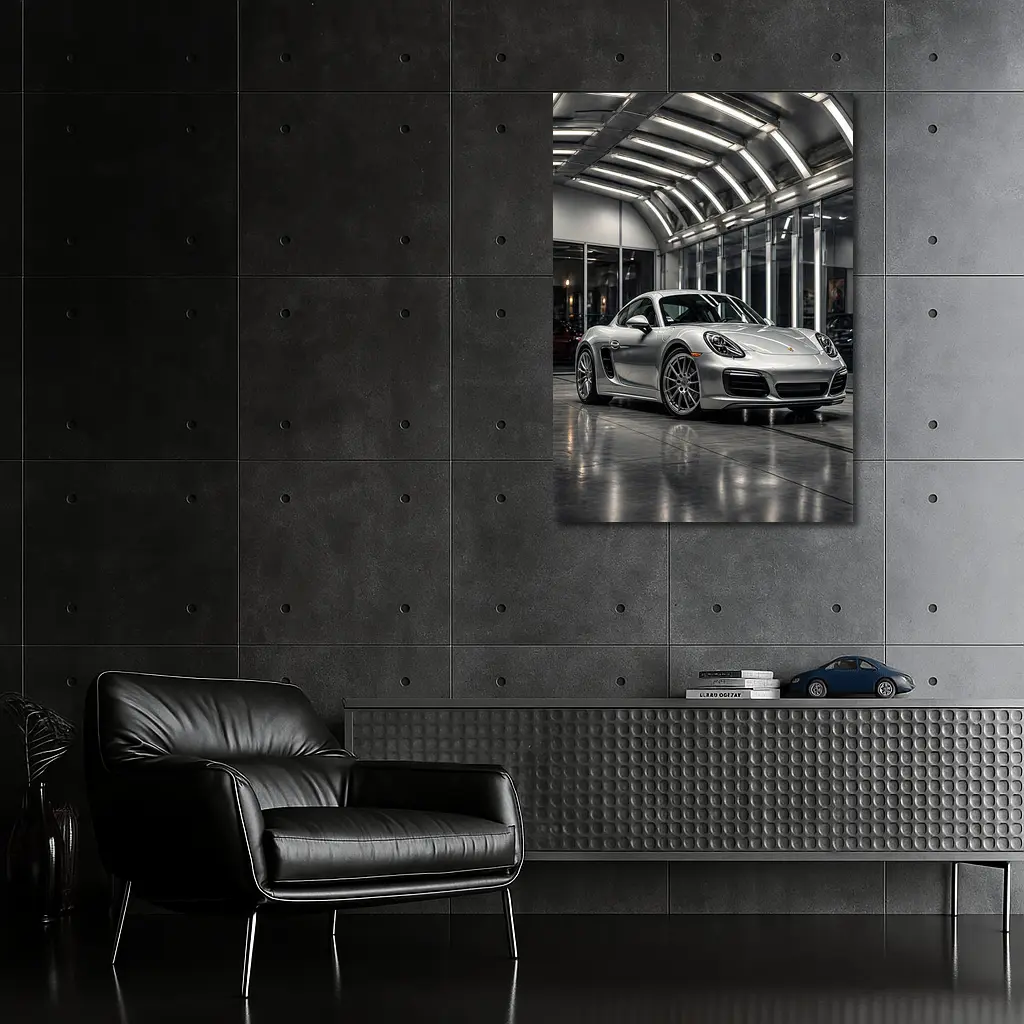 Silver Porsche Cayman Inside Modern Garage – Wall Art