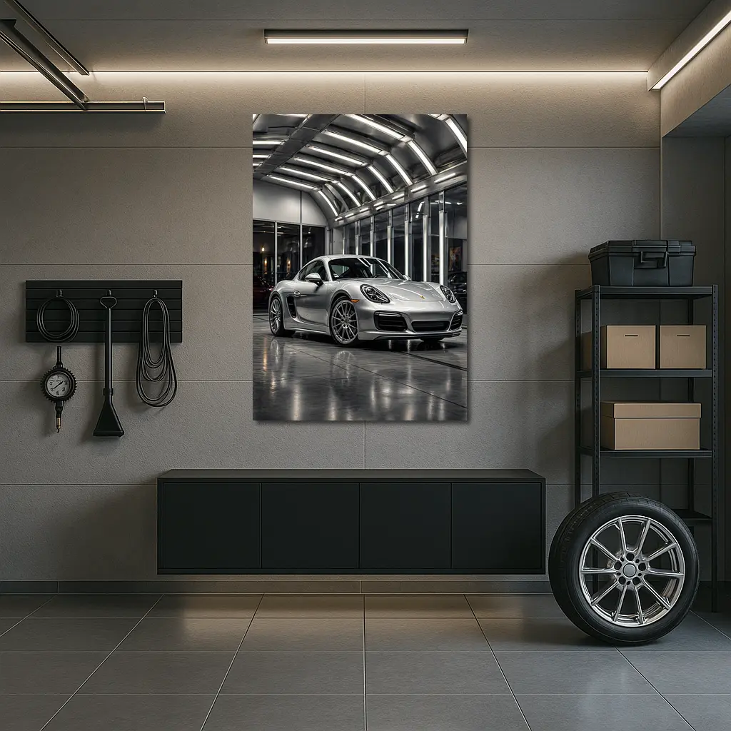 Silver Porsche Cayman Inside Modern Garage – Wall Art