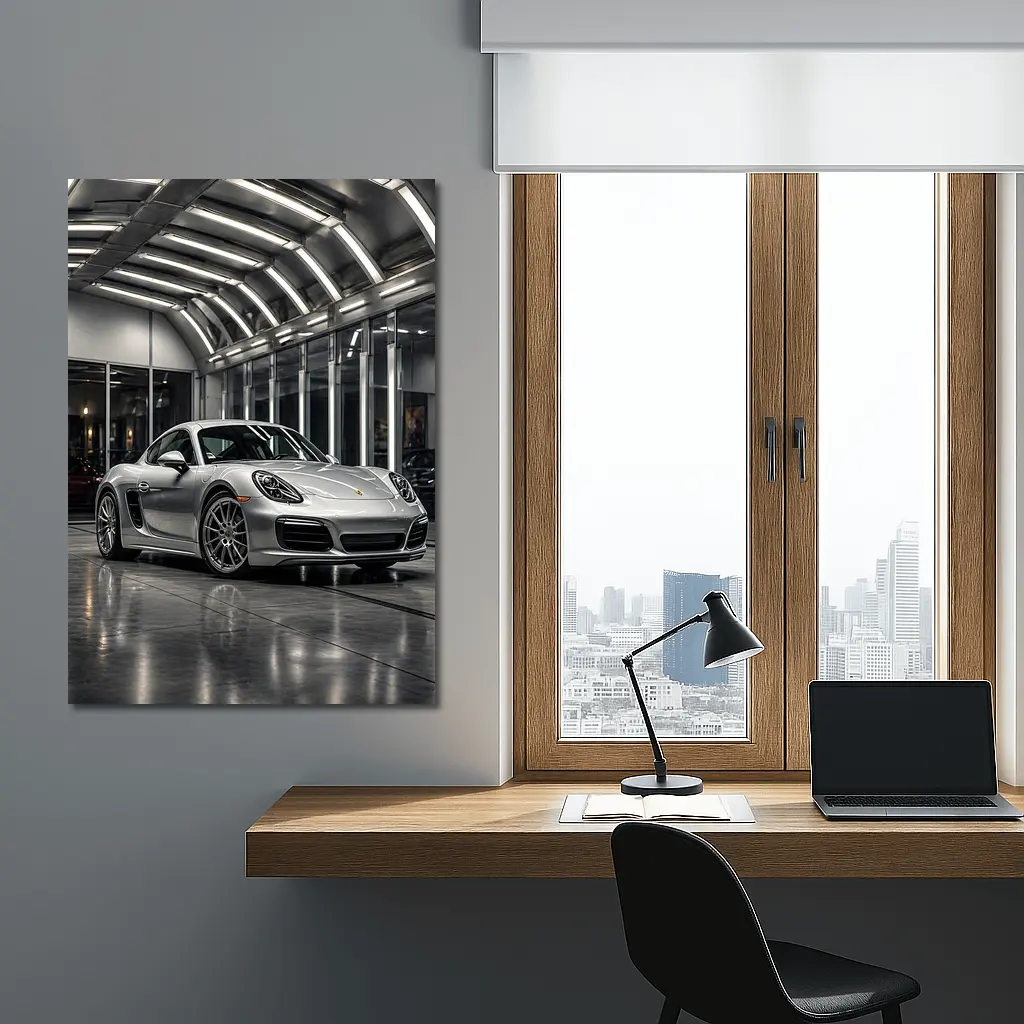 Silver Porsche Cayman Inside Modern Garage – Wall Art
