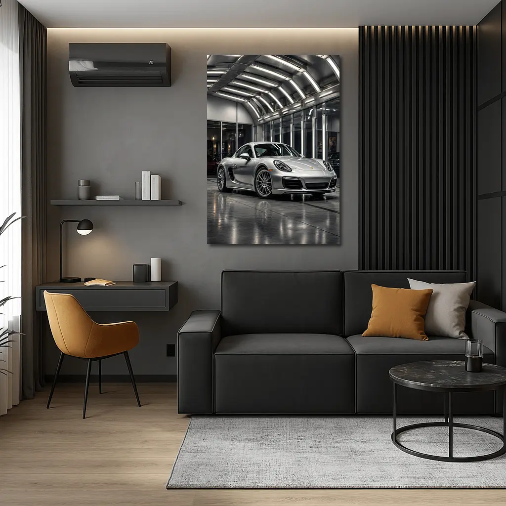 Silver Porsche Cayman Inside Modern Garage – Wall Art