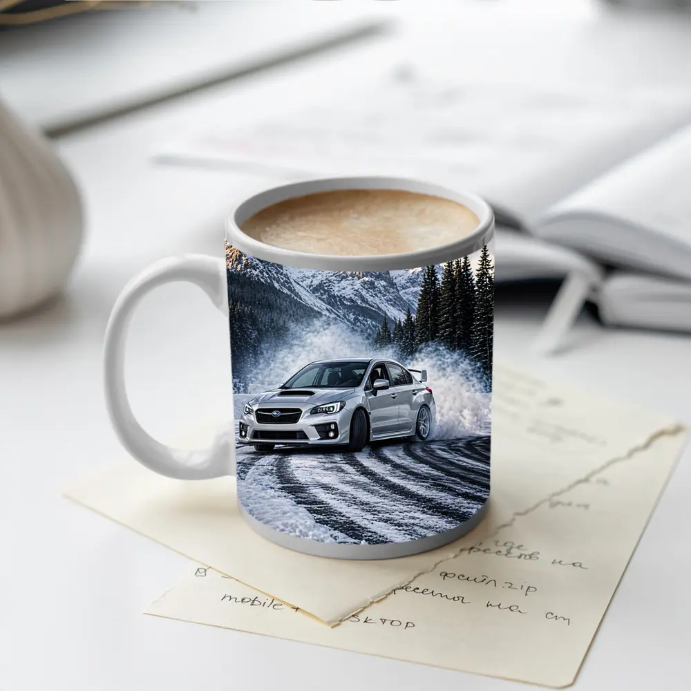 Subaru WRX STI Drifting Snowy Mountain Road – Mugs