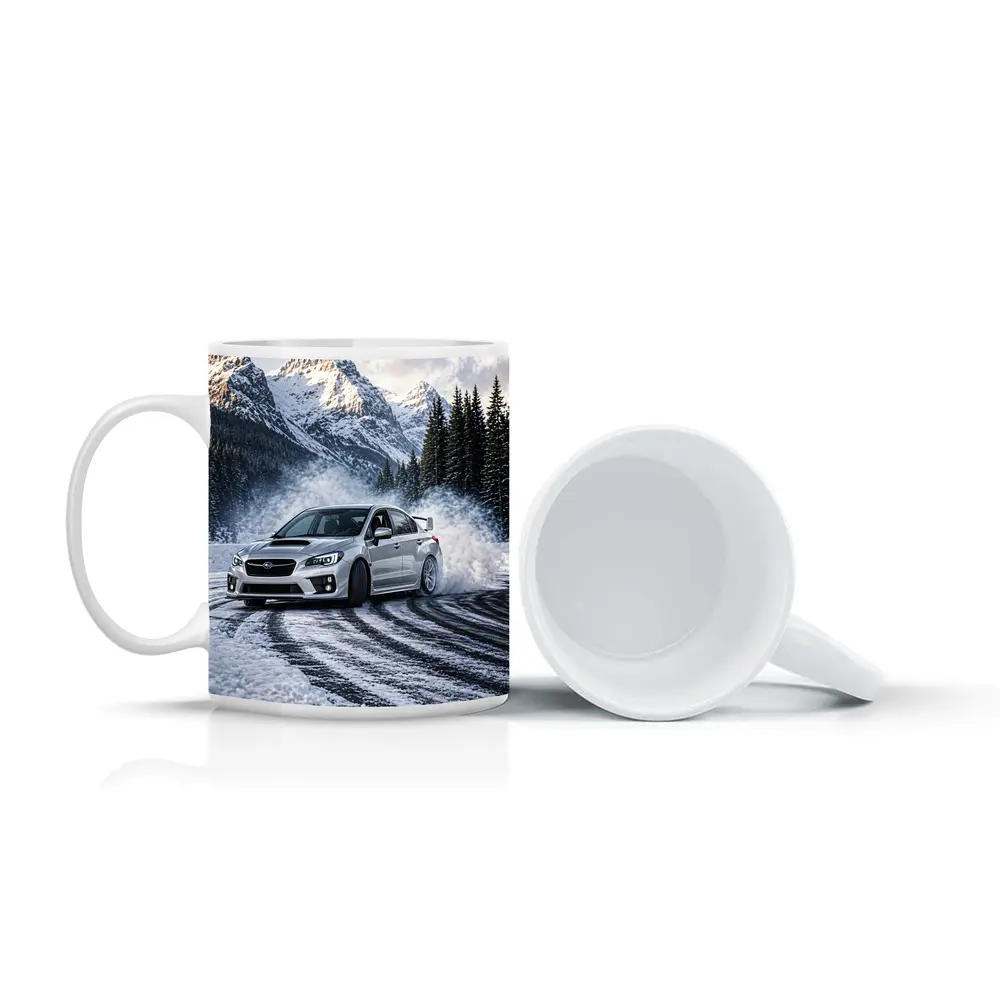 Subaru WRX STI Drifting Snowy Mountain Road – Mugs