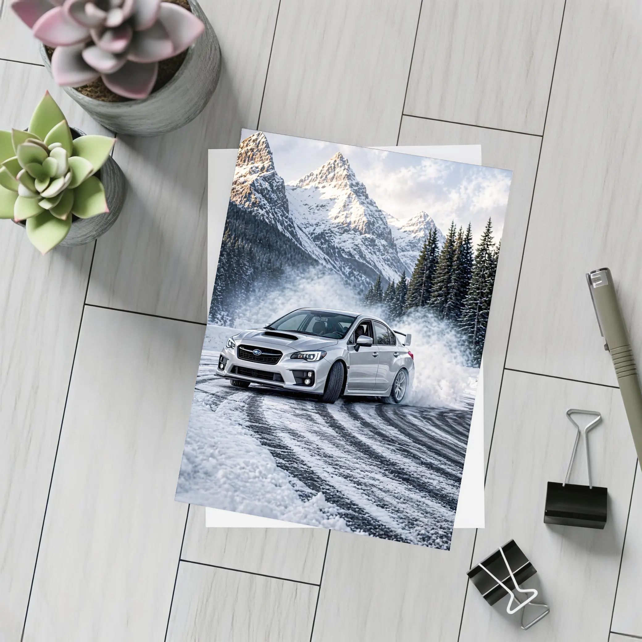 Subaru WRX STI Drifting Snowy Mountain Road – Postcards