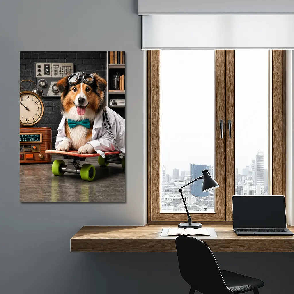 Scientist Collie Dog Riding Skateboard Lab – Wall Art