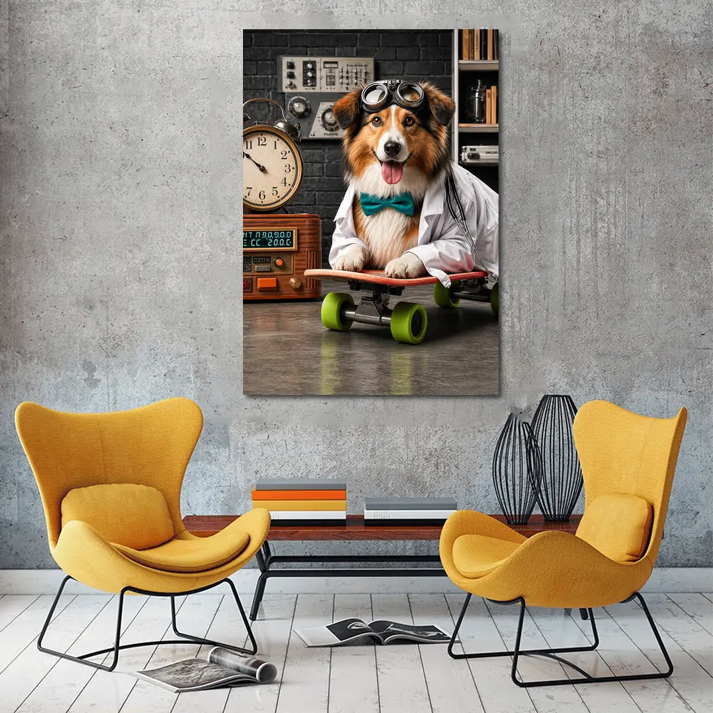 Scientist Collie Dog Riding Skateboard Lab – Wall Art