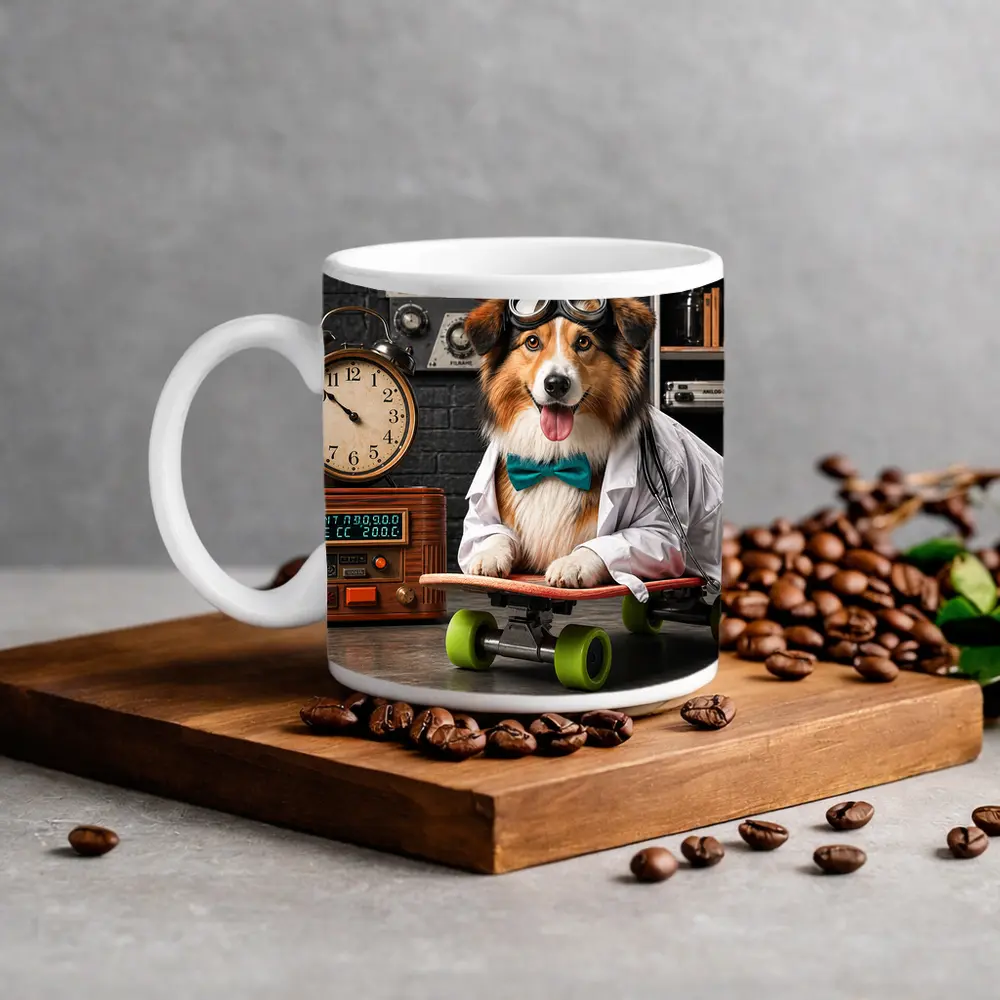 Scientist Collie Dog Riding Skateboard Lab – Mugs
