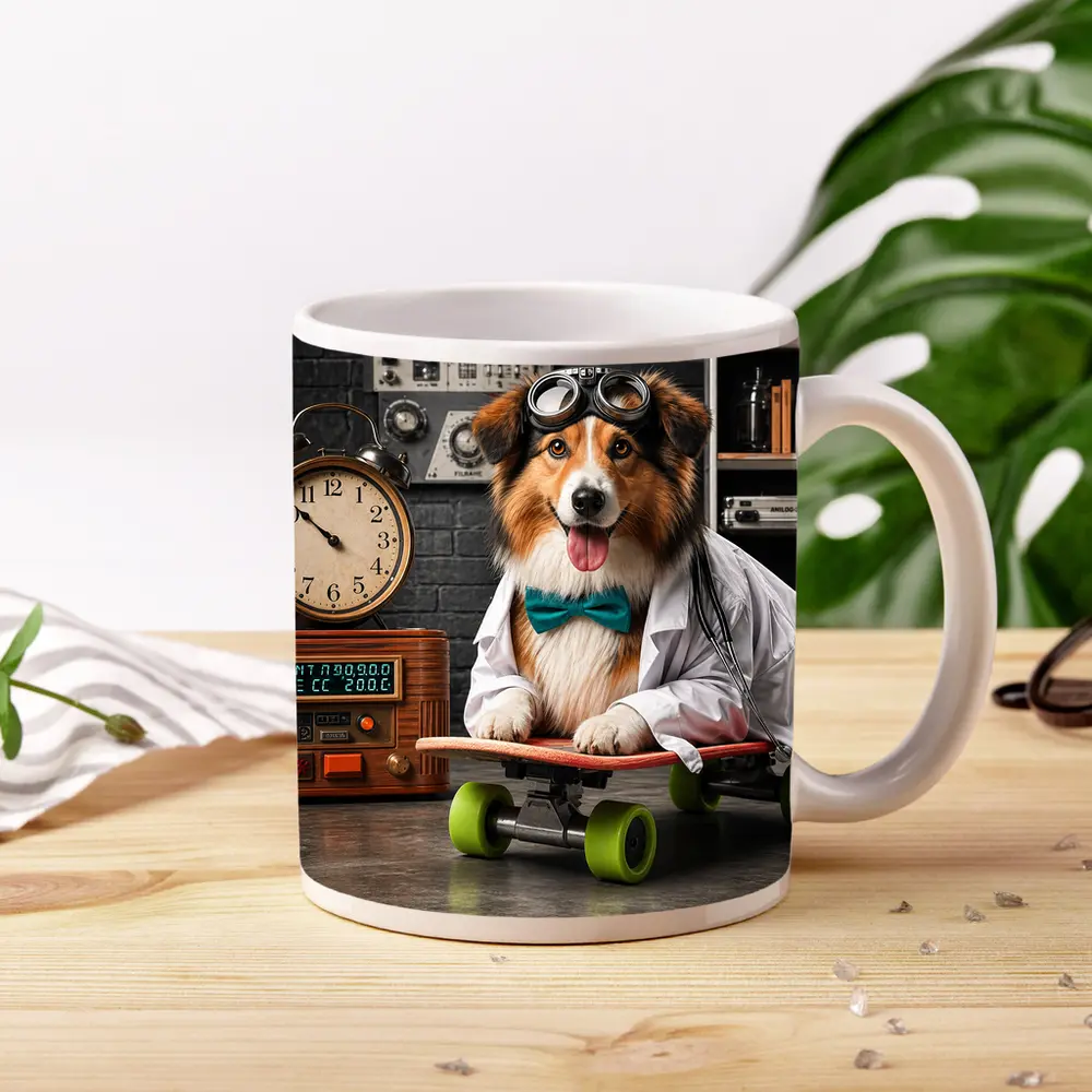 Scientist Collie Dog Riding Skateboard Lab – Mugs