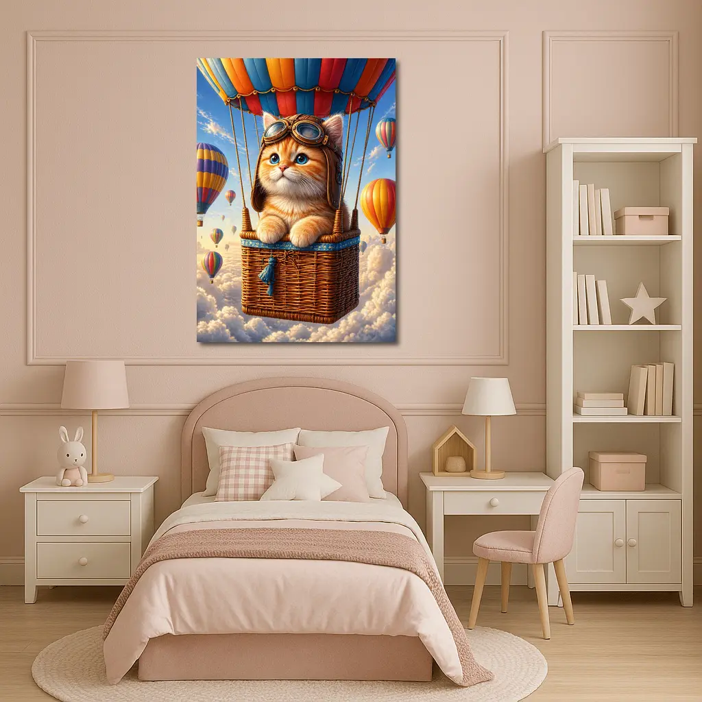 Ginger Kitten Pilot Hot Air Balloon Sky – Wall Art