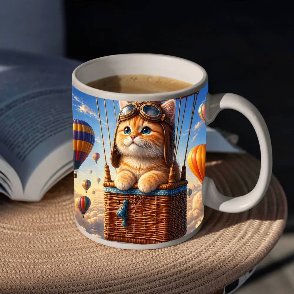 Ginger Kitten Pilot Hot Air Balloon Sky – Mugs
