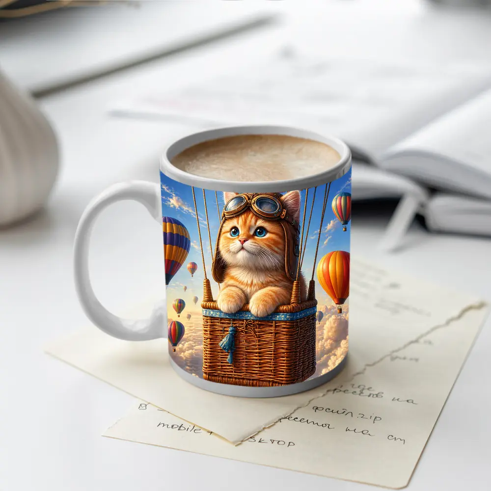 Ginger Kitten Pilot Hot Air Balloon Sky – Mugs