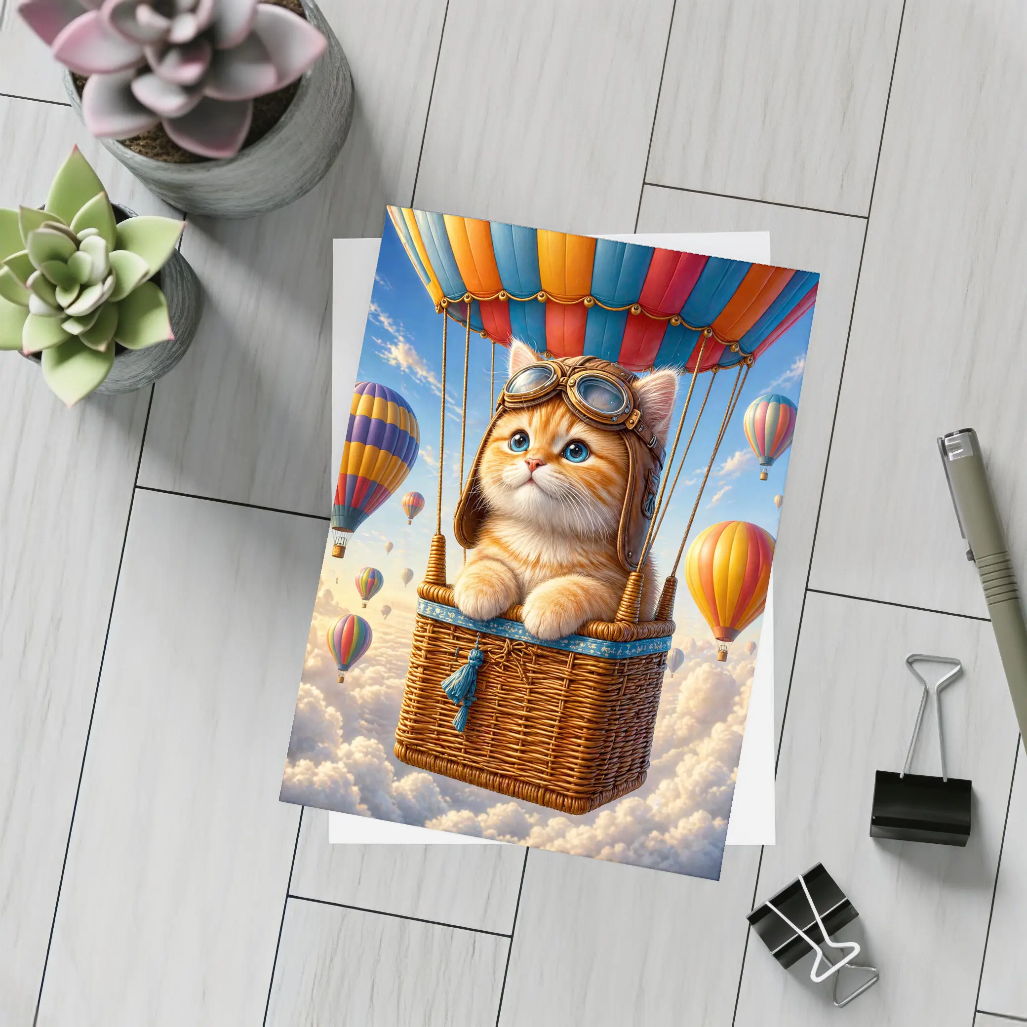 Ginger Kitten Pilot Hot Air Balloon Sky – Postcards